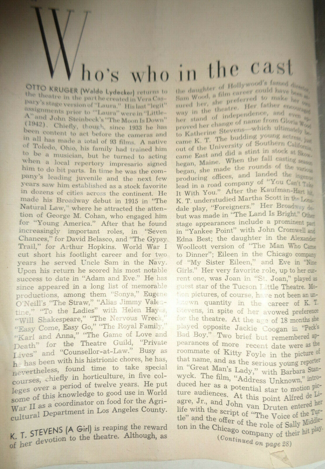 "LAURA" by Vera Caspary - THE PLAYBILL - JULY 21, 1947. Cort Theatre, NYC