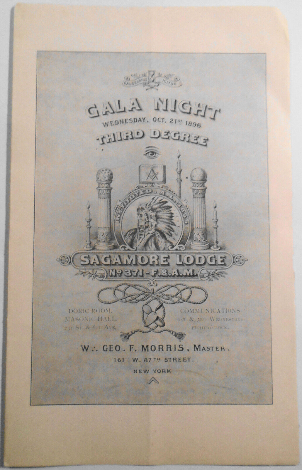 1896 Gala Night Program : Sagamore Lodge 371, New York. Free and accepted masons
