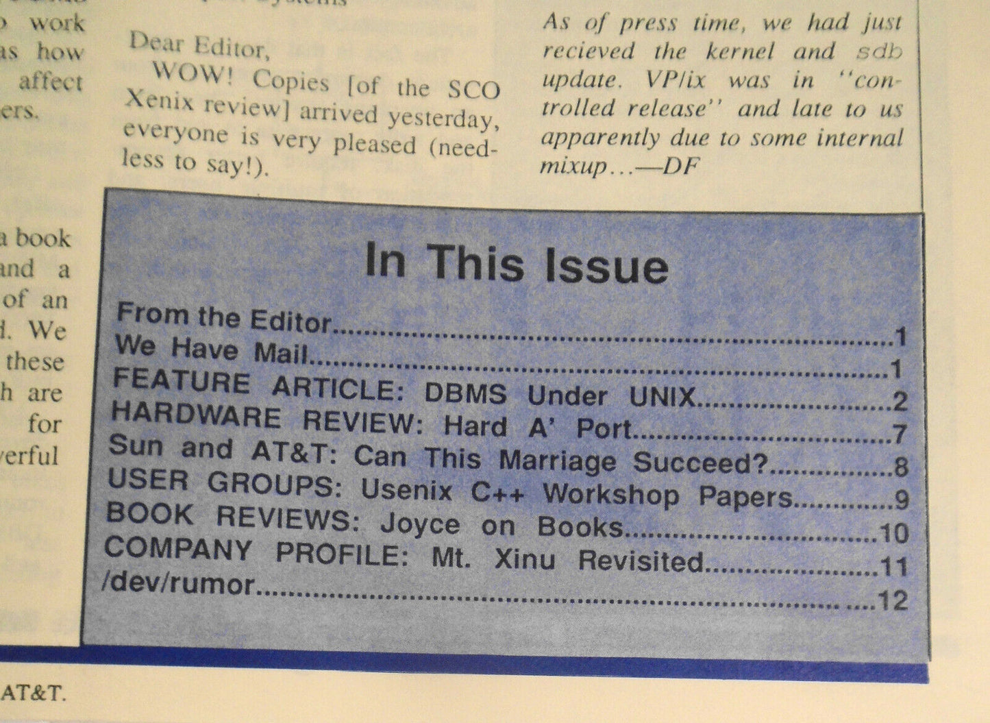 UNIQUE: The UNIX System Information Source  Dec. 1987 - DBMSs Under UNIX, etc.