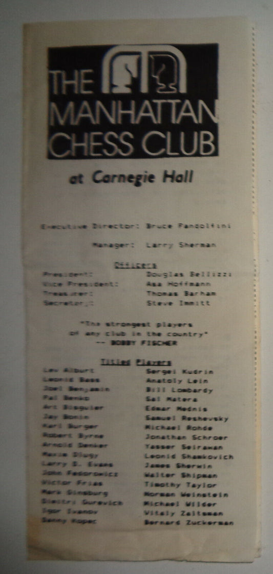 Manhattan Chess Club, at Carnegie Hall - 1980s Membership Application /Promotion