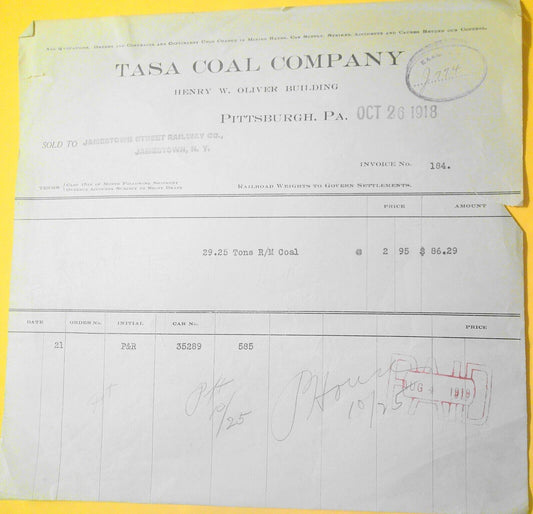 1918 Tasa Coal Company Pittsburgh receipt - 29 tons of coal to Jamestown Railway