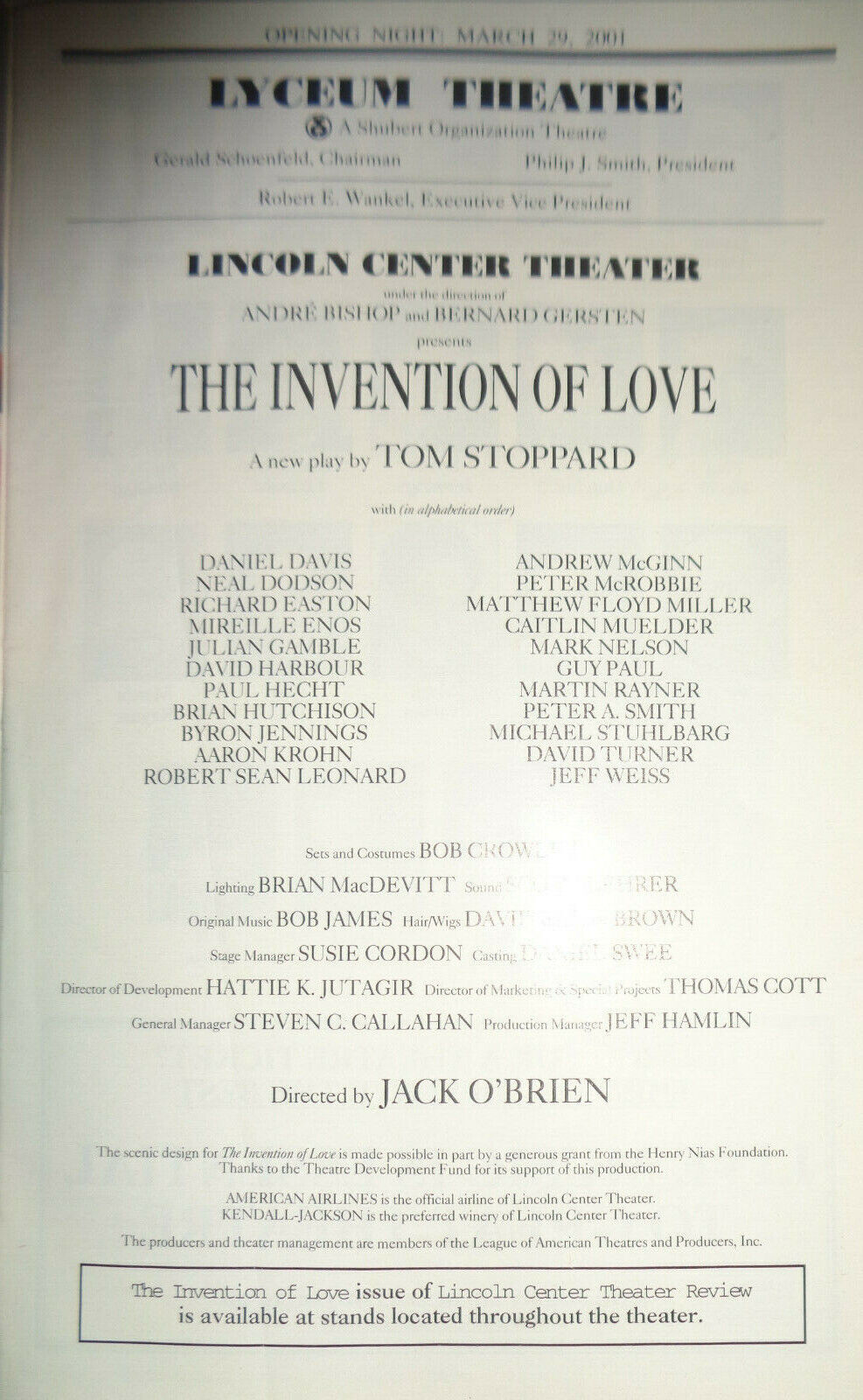 THE INVENTION OF LOVE - PLAYBILL - OPENING NIGHT, MARCH 29, 2001