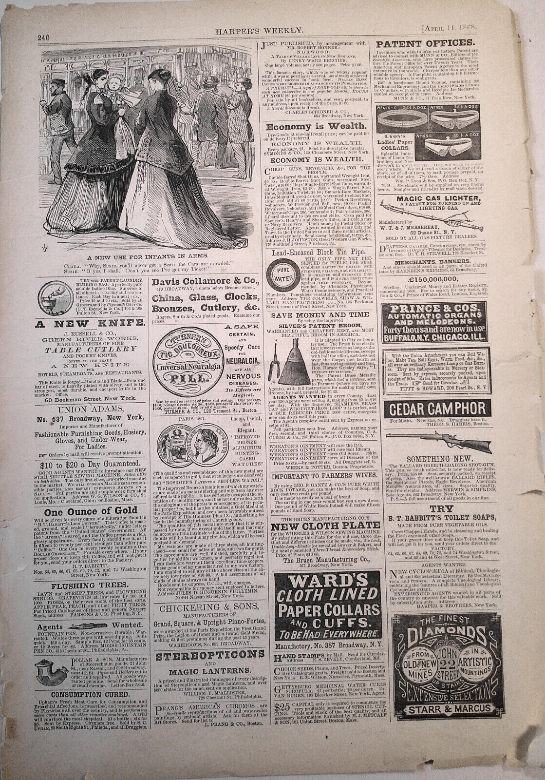 A New Use for Infants in Arms - Harper's Weekly April 11, 1868. Original.