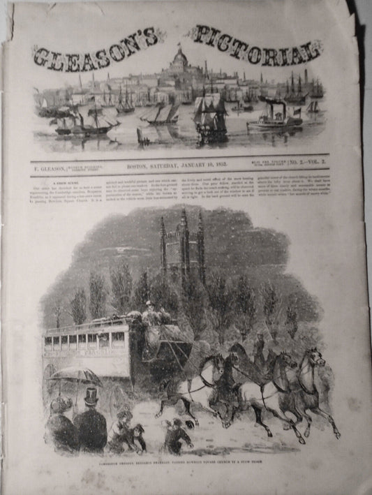 Cambridge Omnibus Benjamin Franklin Passing Bowdoin Square Church 1852 Gleason's
