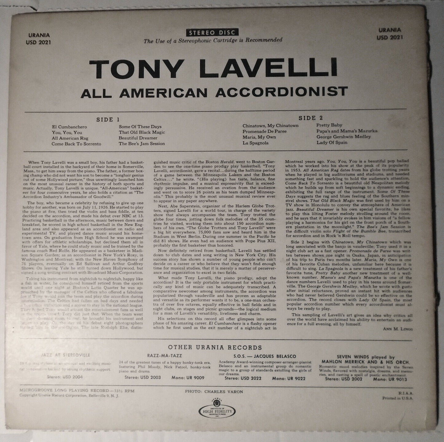 Tony Lavelli : All American Accordionist - Rare LP - Urania USD 2021 [1959]