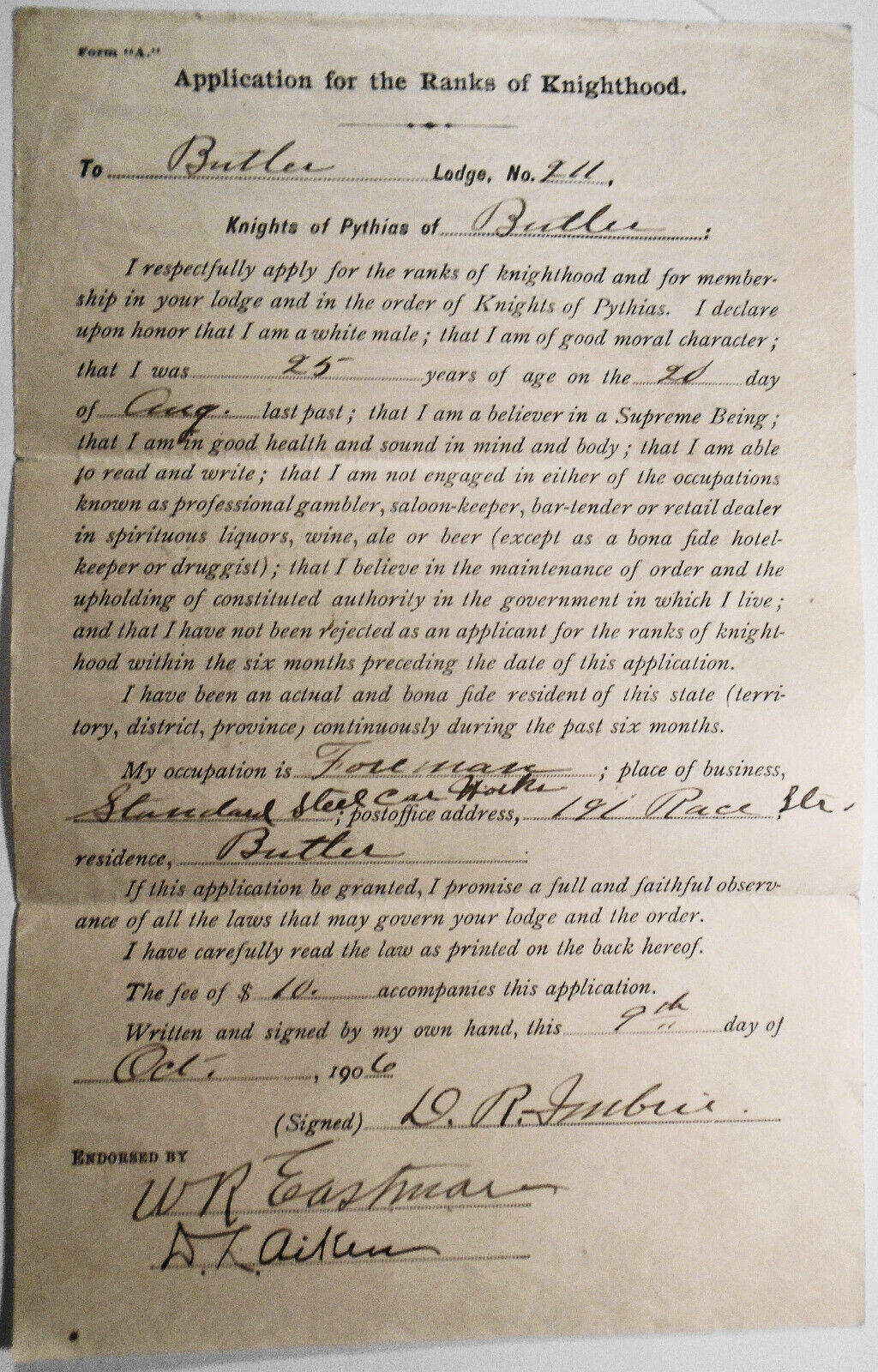 1906 Application for Ranks of Knighthood; Butler Lodge, Knights of Pythias, PA