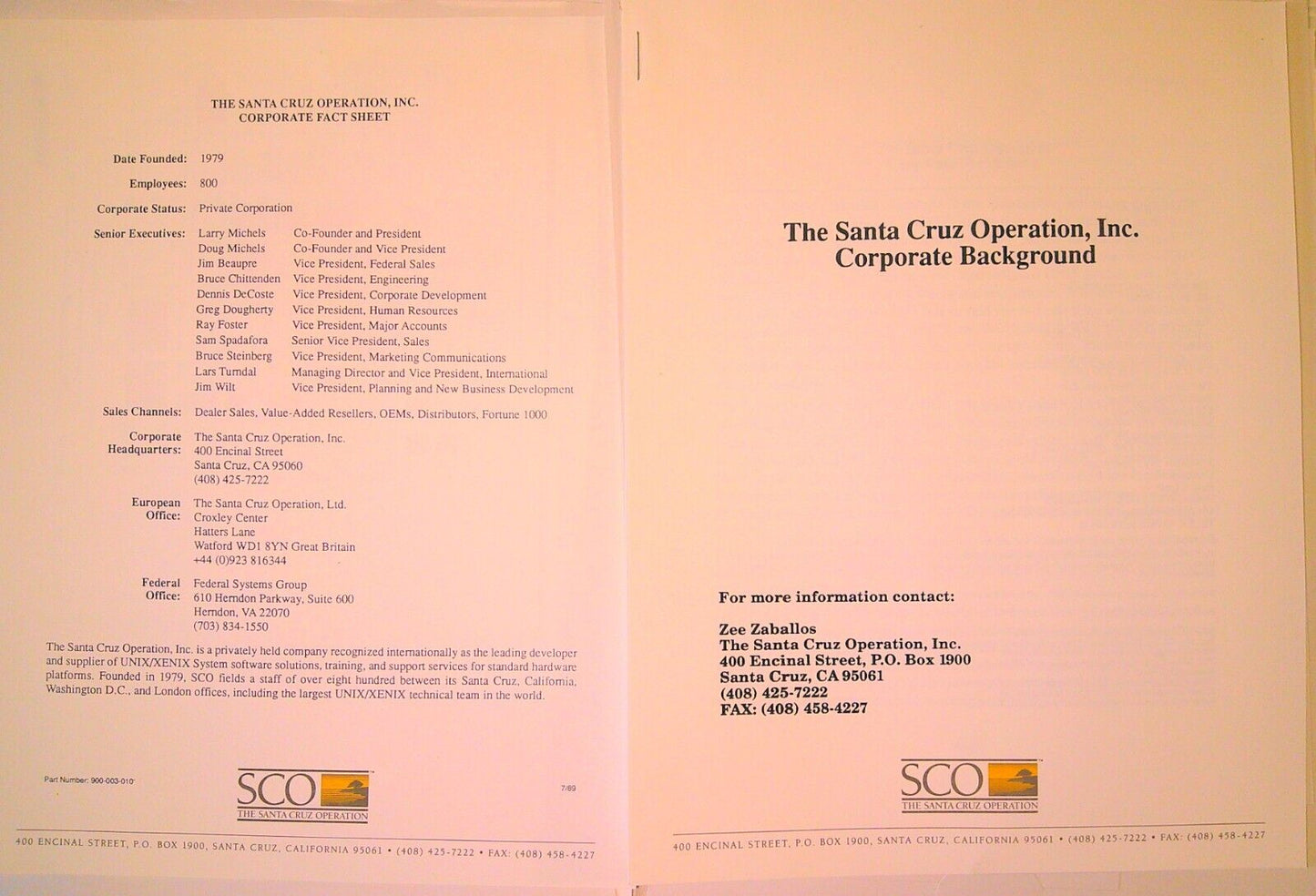 Santa Cruz Operation Press Kit, 1989 : SCO MultiView for UNIX & XENIX, etc