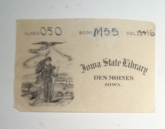 Iowa State Library, Des Moines, Ex Libris Bookplate. Original. 19th century.