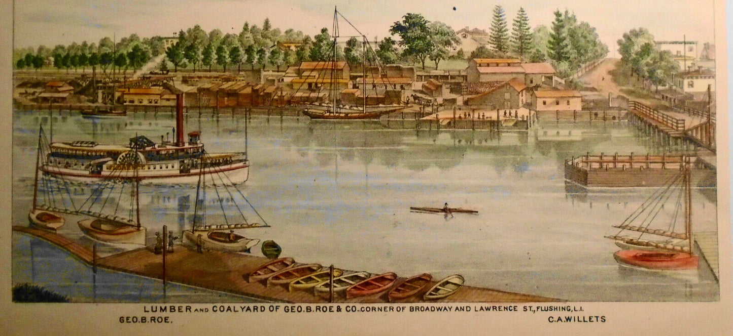 1882 Lumber and Coal Yard of Geo. B. Roe, Flushing New York - Willets Lithograph