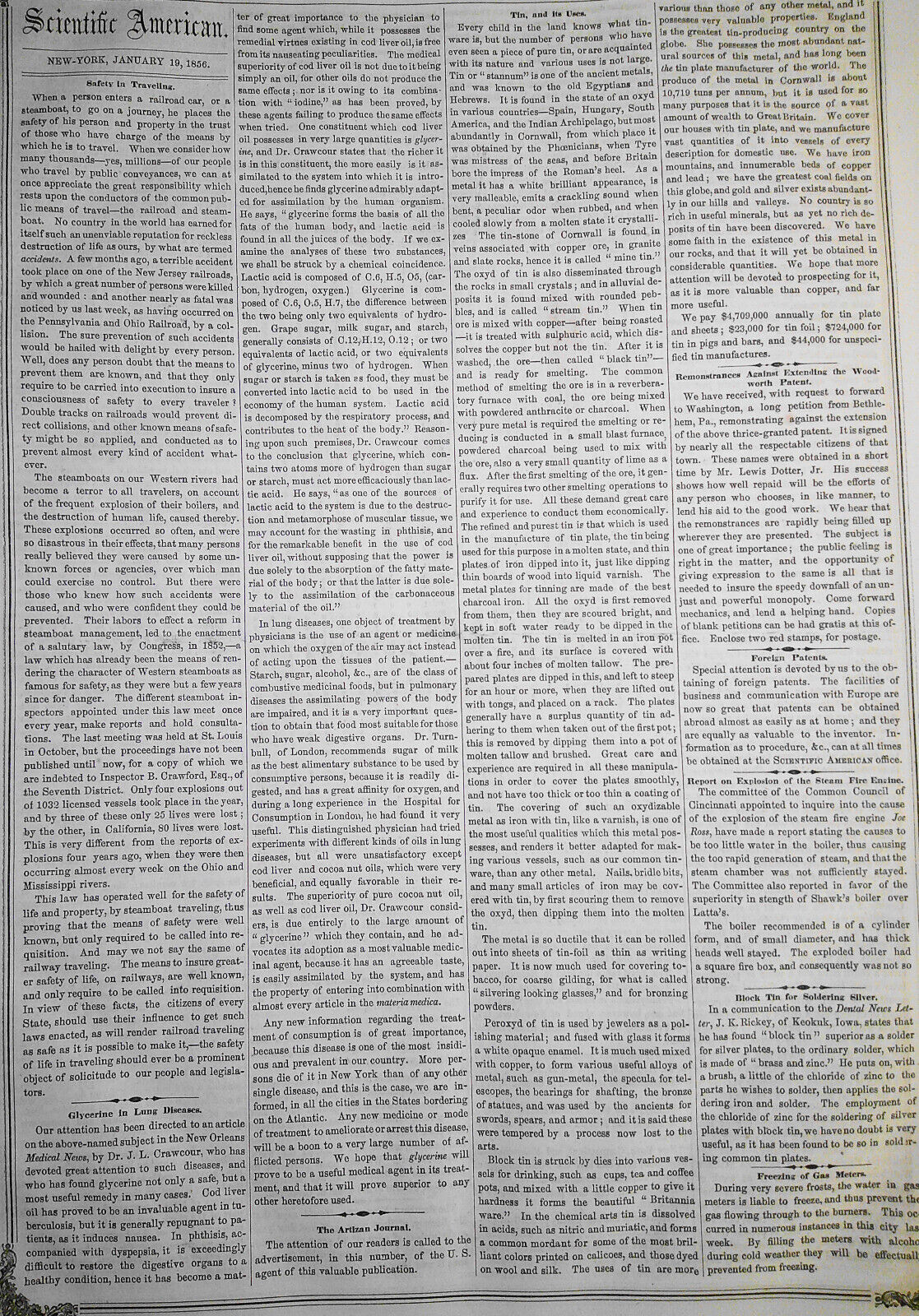Scientific American January 19, 1856. Robert Fulton; California; Horse flesh etc