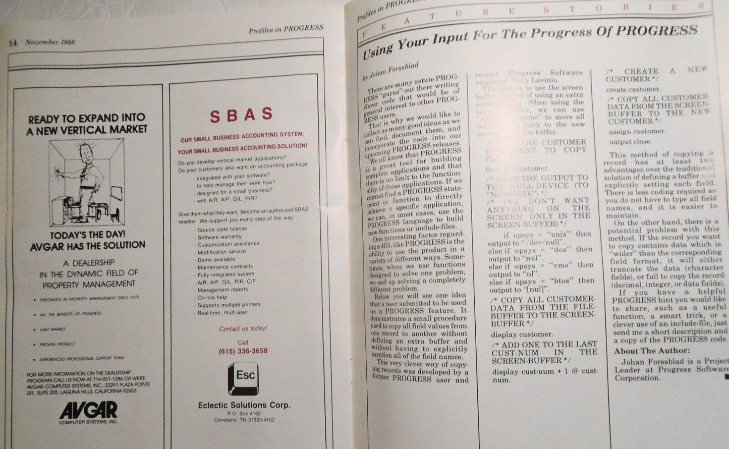 Profiles in Progress, November 1988. Quarterly Newsmagazine of Progress Software