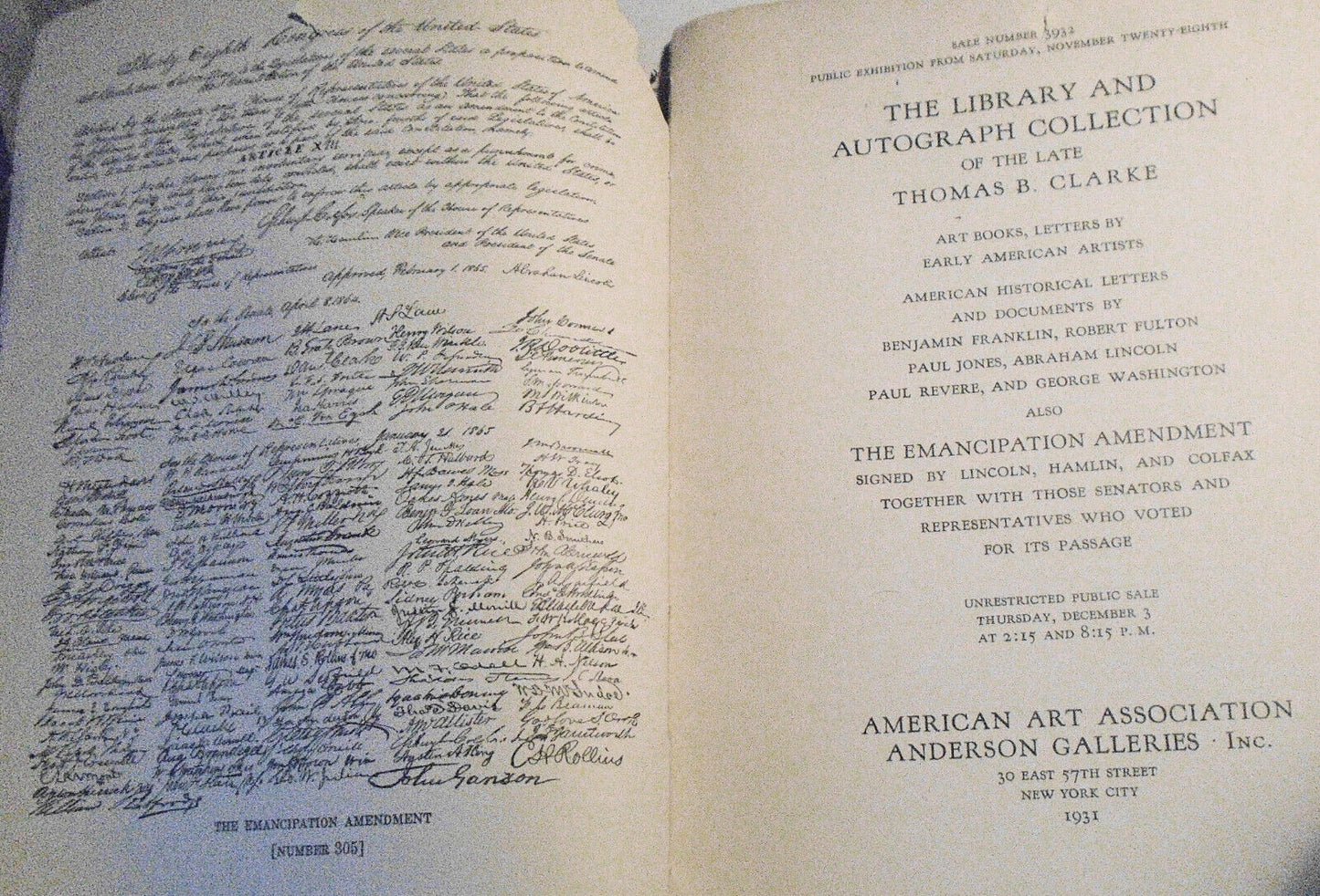 Library & Autograph Collection Of Thomas B Clarke.. Emancipation amendment. 1931
