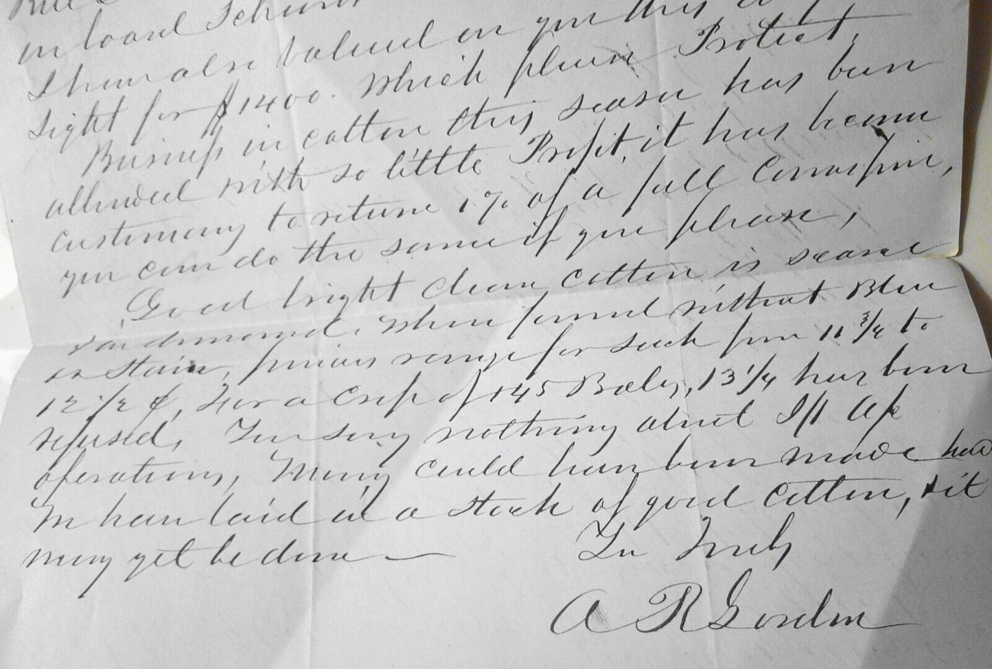 1859 Savannah Georgia letter on cotton trade - A. R. Gordon to Charles Sellinger