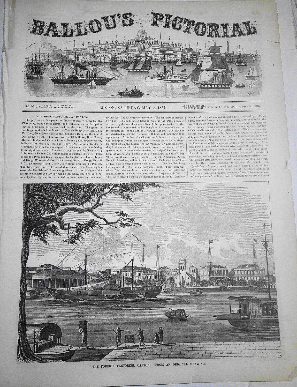 The Hong Kong Factories at Canton - Ballou's Pictorial May 9, 1857 Print & Story