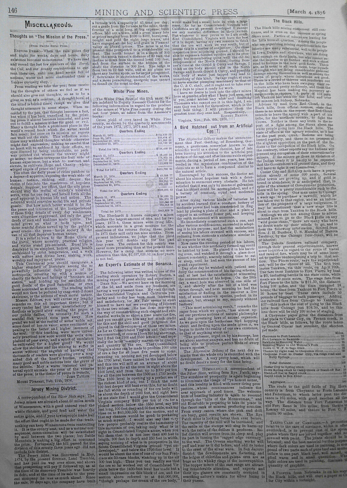 Mining and Scientific Press, March 4, 1876. Bonanza Mines; Bigelow Engine; etc