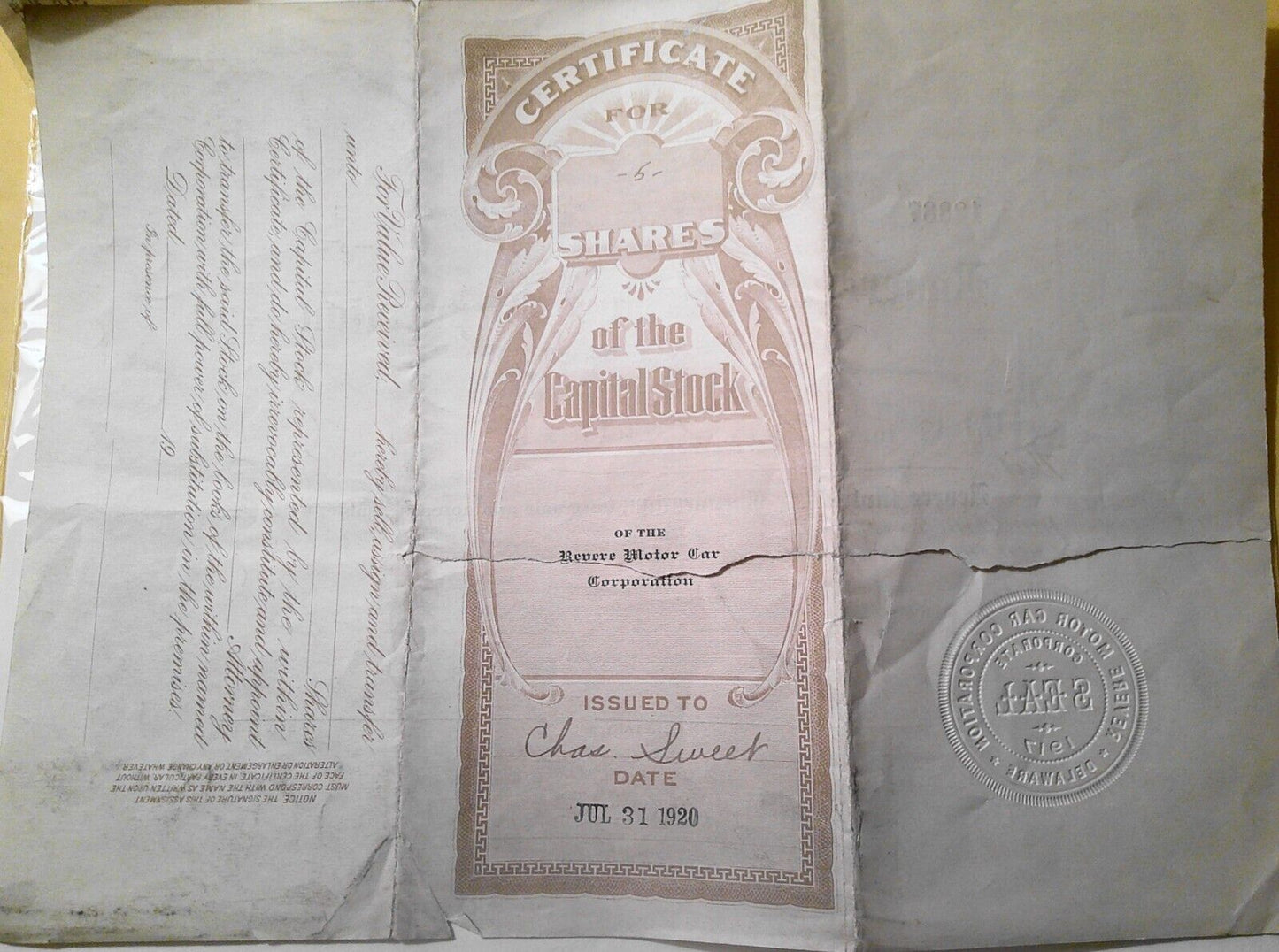 1920 Revere Motor Car Corporation Stock Certificate for 5 shares