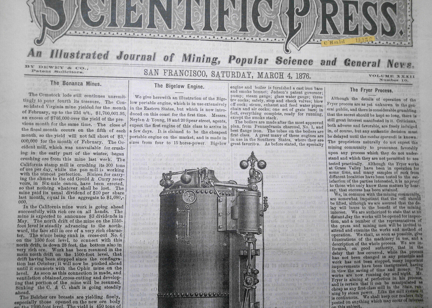 Mining and Scientific Press, March 4, 1876. Bonanza Mines; Bigelow Engine; etc