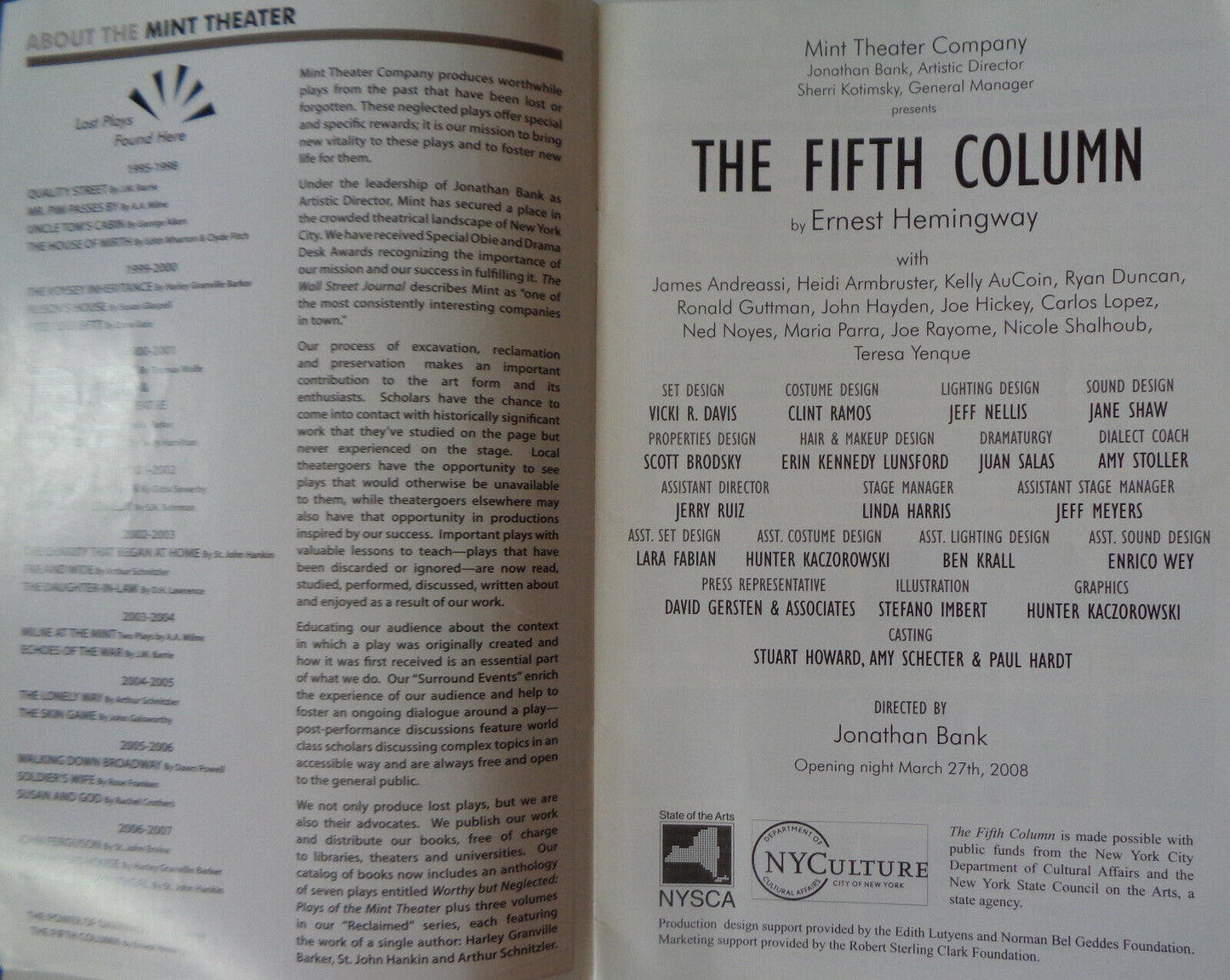 THE FIFTH COLUMN - SOUVENIR PROGRAM - OPENING NIGHT MARCH 27th, 2008