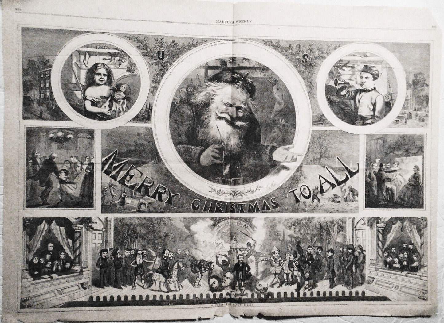 1865 Civil War Harper's Weekly "Merry Christmas To All" - Nast Double page print