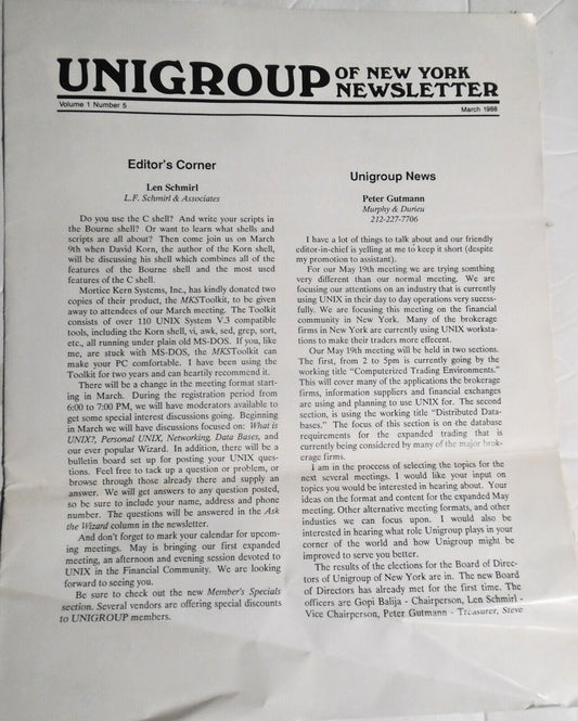 UNIGROUP of New York Newsletter, March 1988. NY Area UNIX Users Group