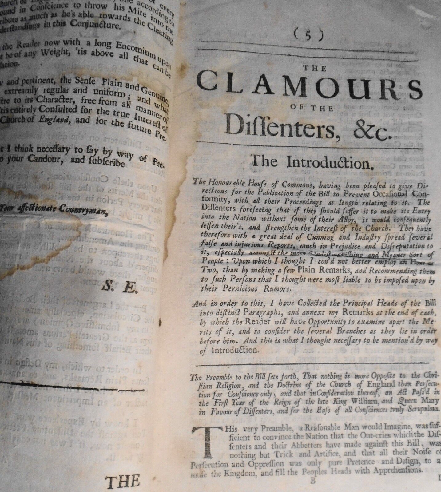 1703 Clamours of dissenters against the bill to prevent occasional conformity