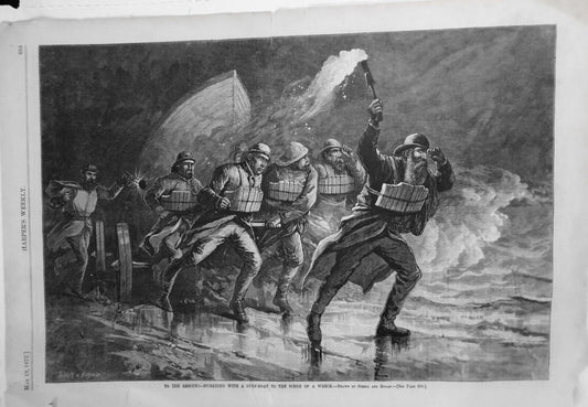 To The Rescue! Hurrying With A Surf-boat To Scene Of Wreck. Harper's Weekly 1877