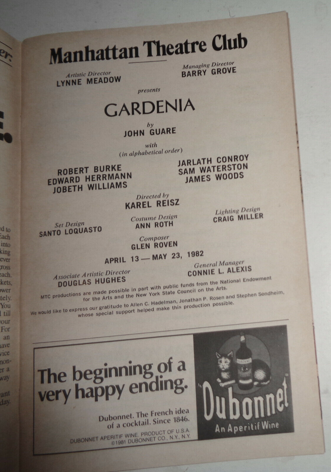 GARDENIA by John Guare - SHOWBILL - APRIL 13-MAY 23, 1982 MANHATTAN THEATRE CLUB