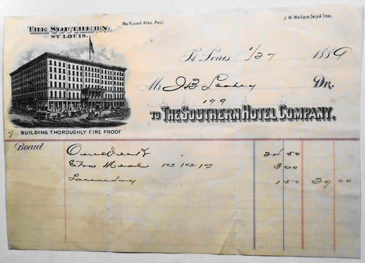 1889 The Southern Hotel, St. Louis, Missouri - Receipt for J. B. Leahy