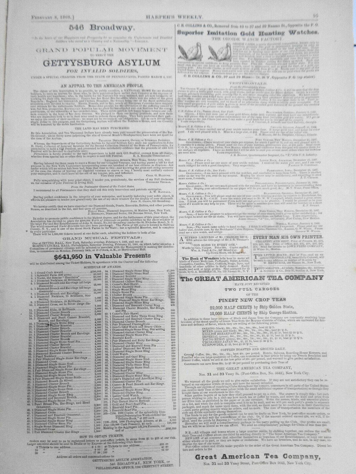 HARPER'S WEEKLY FEB 8, 1868 OVERLAND MAIL, PLANTATION SCENE, PAUPERS, ART SCHOOL