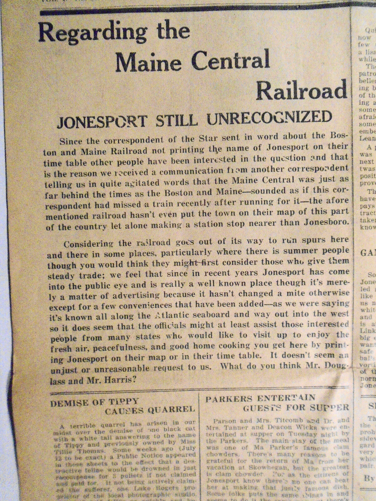 Jonesport Star, July 31, 1930 -  Jonesport Still Unrecognized by Maine Railroad