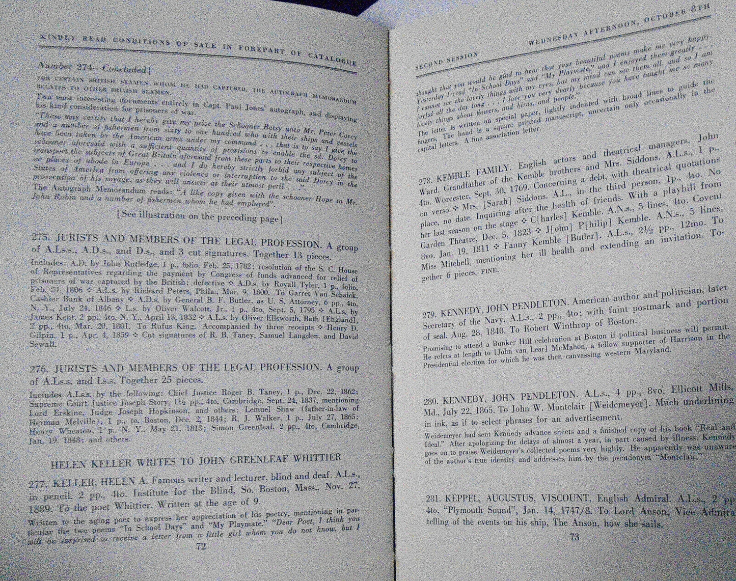 American, British, Continental autographs and mss - Pleadwell. 1958 Parke-Bernet