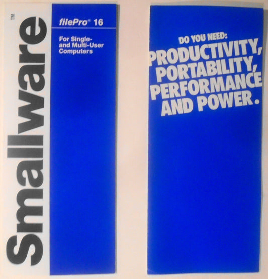 filePro 16 - 2  brochures, 1980s. Small Computer Co. For Xenix, UNIX, DOS, OS/2
