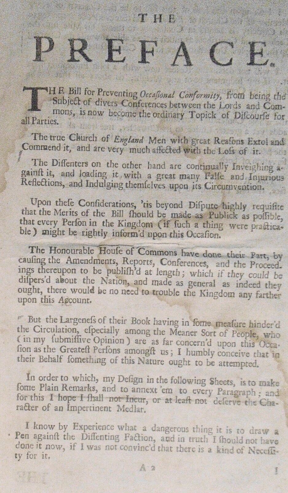 1703 Clamours of dissenters against the bill to prevent occasional conformity