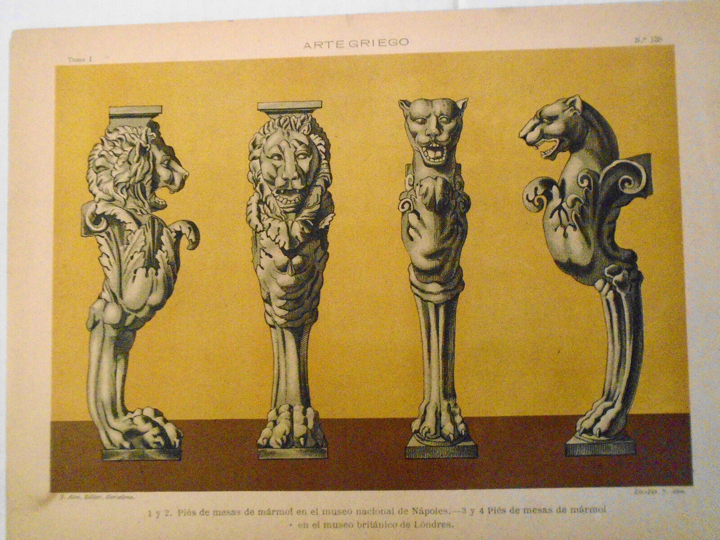 Arte Griego: Pies de mesas de marmol...  lithograph ca 1890 by J Aleu, Barcelona
