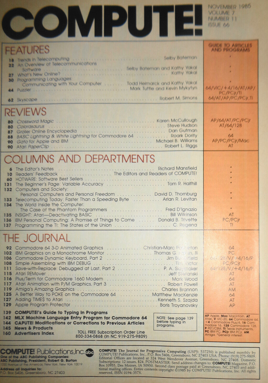 Compute! Magazine November 1985 - Amiga Graphics