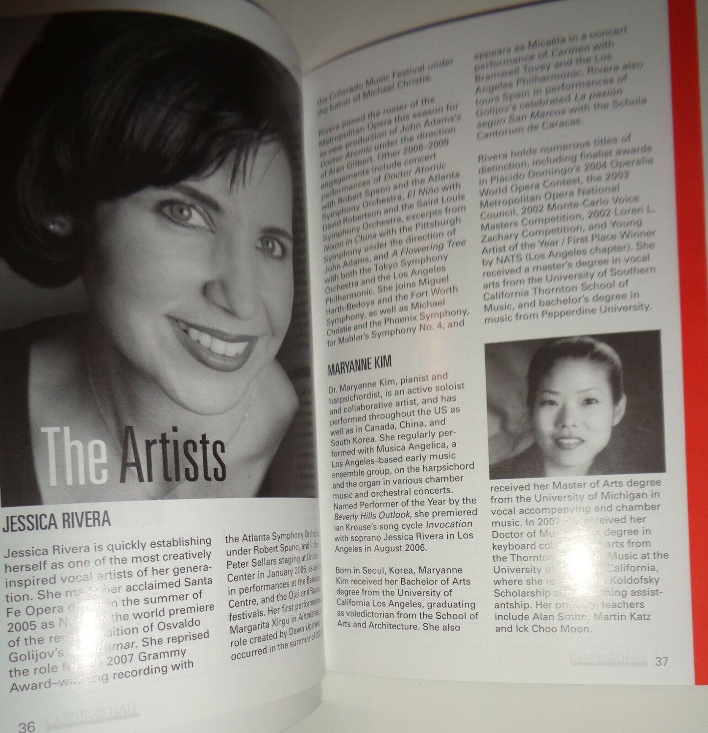 JESSICA RIVERA, SOPRANO / MARYANNE KIM, PIANO - CARNEGIE HALL PLAYBILL Mar 2009