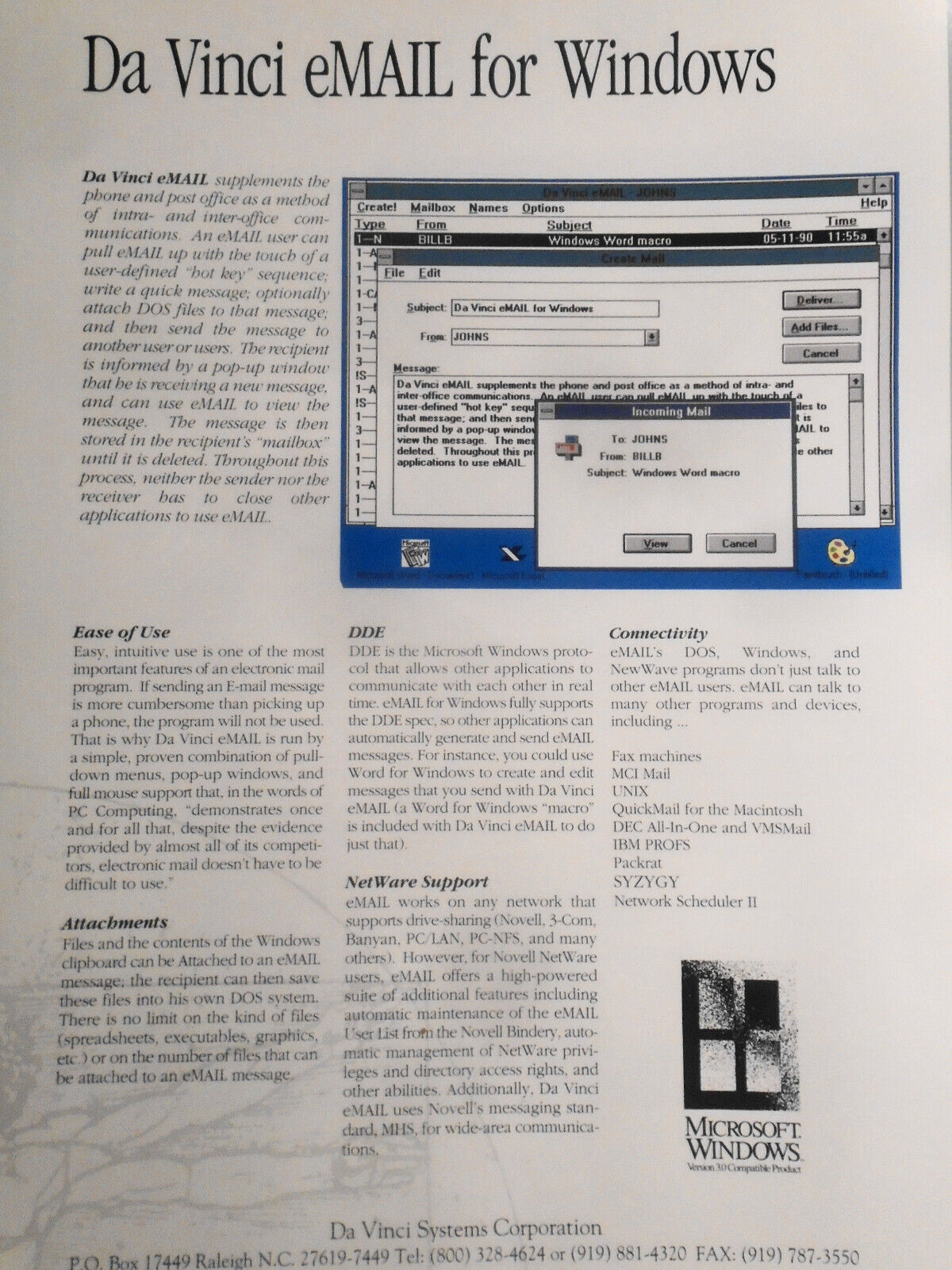 Take a look at Da Vinci eMail - 1990 Press Kit