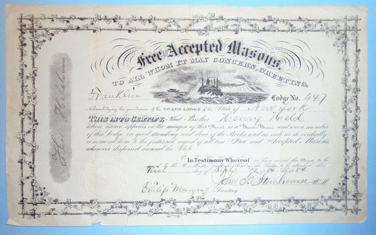 1884 Grand Lodge of the State of New York - Masonic Dimit