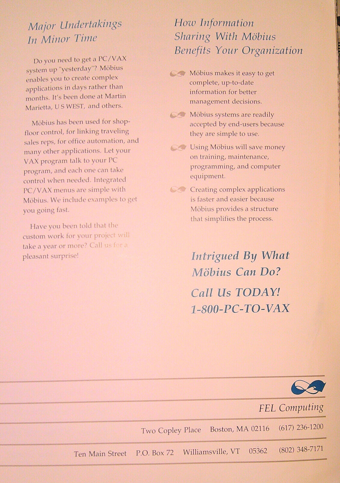 Mobius PC / VAX Information  Sharing : Press Kit, 1989 - promo literature