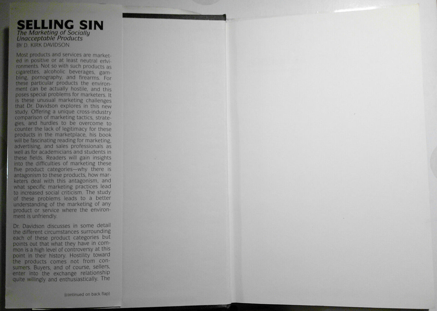 Selling Sin, by D. Kirk Davidson. Hardcover/DJ 1996. Fine/Fine