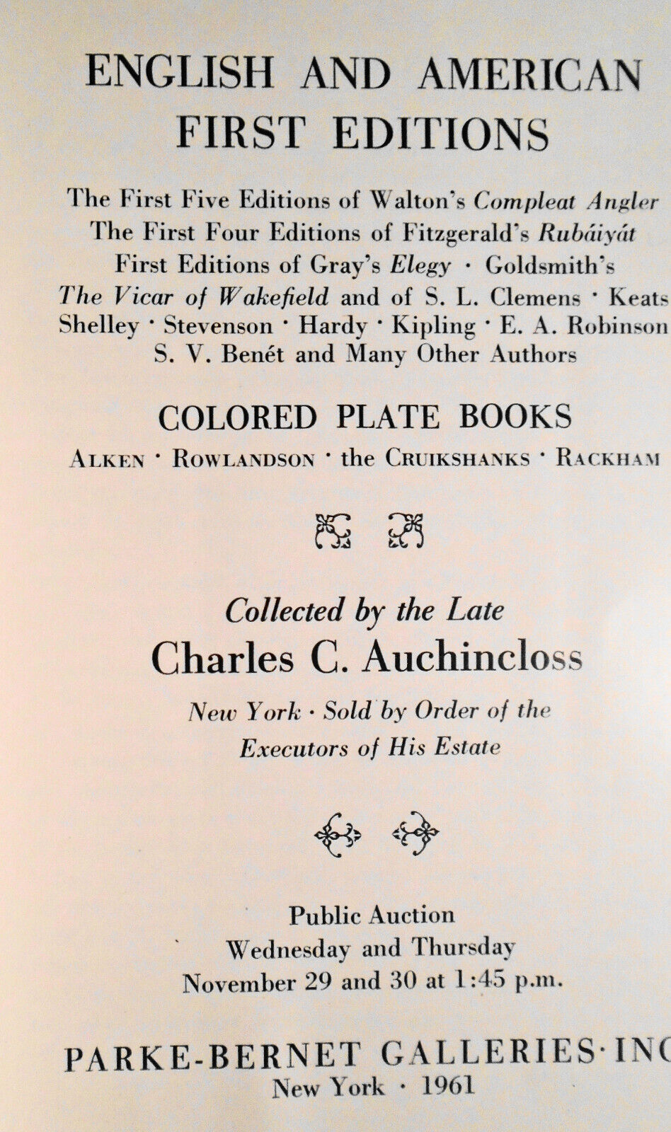 Distinguished Books Manuscripts Prints of Charles Auchincloss. 1961 Parke-Bernet