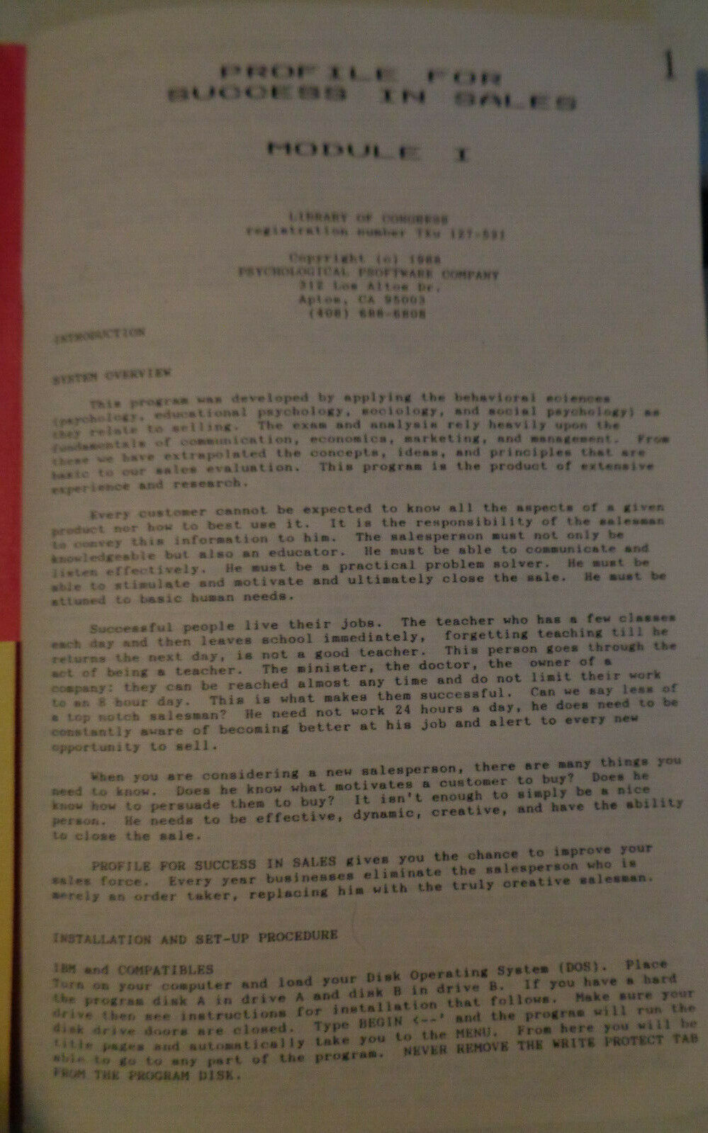 Profile For Success in Sales, by Psychological Psoftware for IBM-PC 5 1/4". 1988