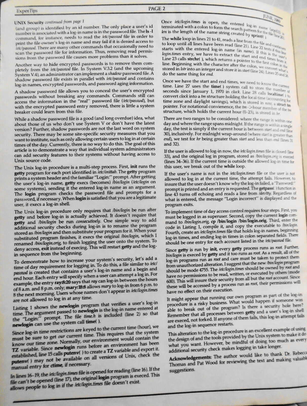 ExperTips, June 1989 -- A C and UNIX Newsletter -- Do-it Yourself UNIX Security