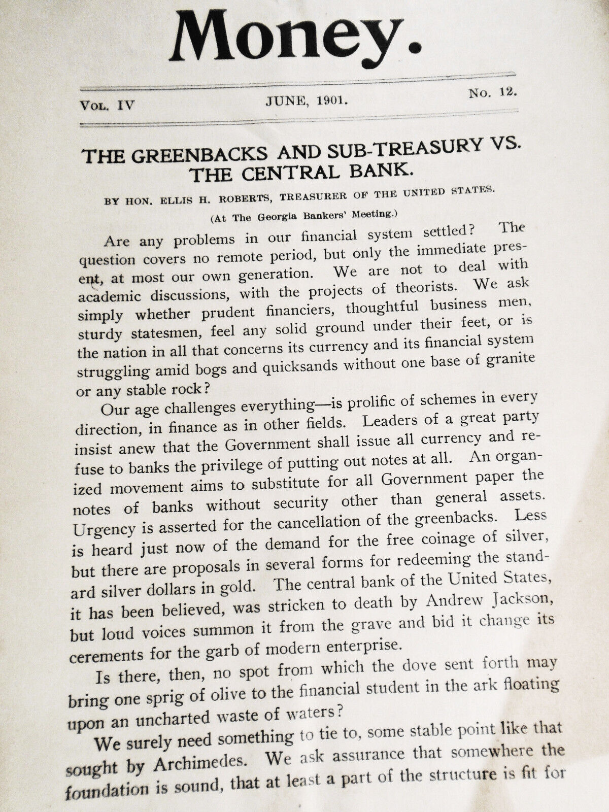 Money Magazine, June 1901. Greenbacks and Sub-Treasury vs. the Central Bank, etc