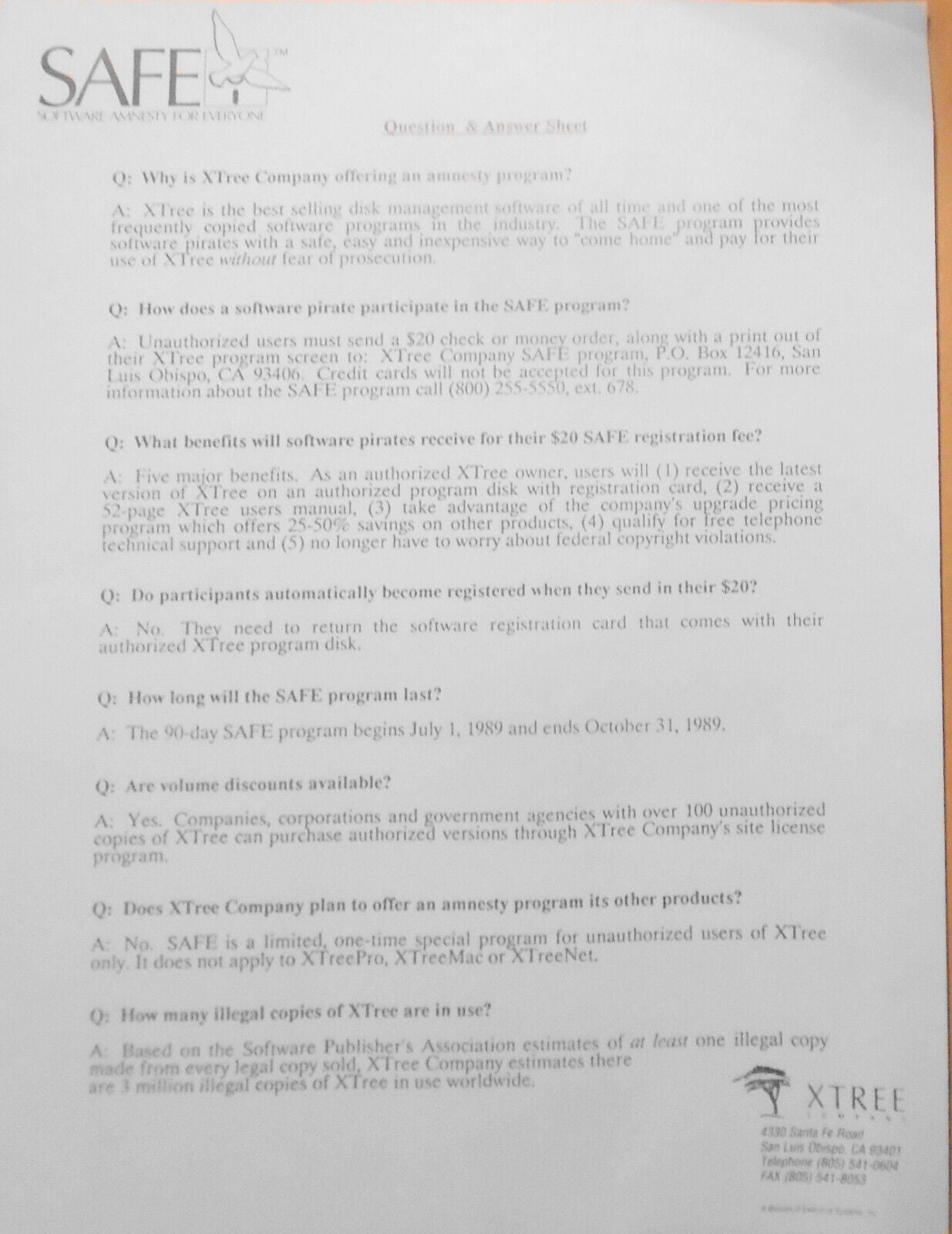 1989 Software Amnesty For Everyone (SAFE). XTree Company program for Bootleggers
