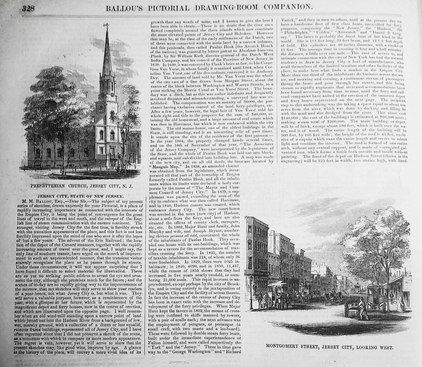 Jersey City, State of New Jersey - Story & 6 Prints - Ballou's Pictorial, 1857.