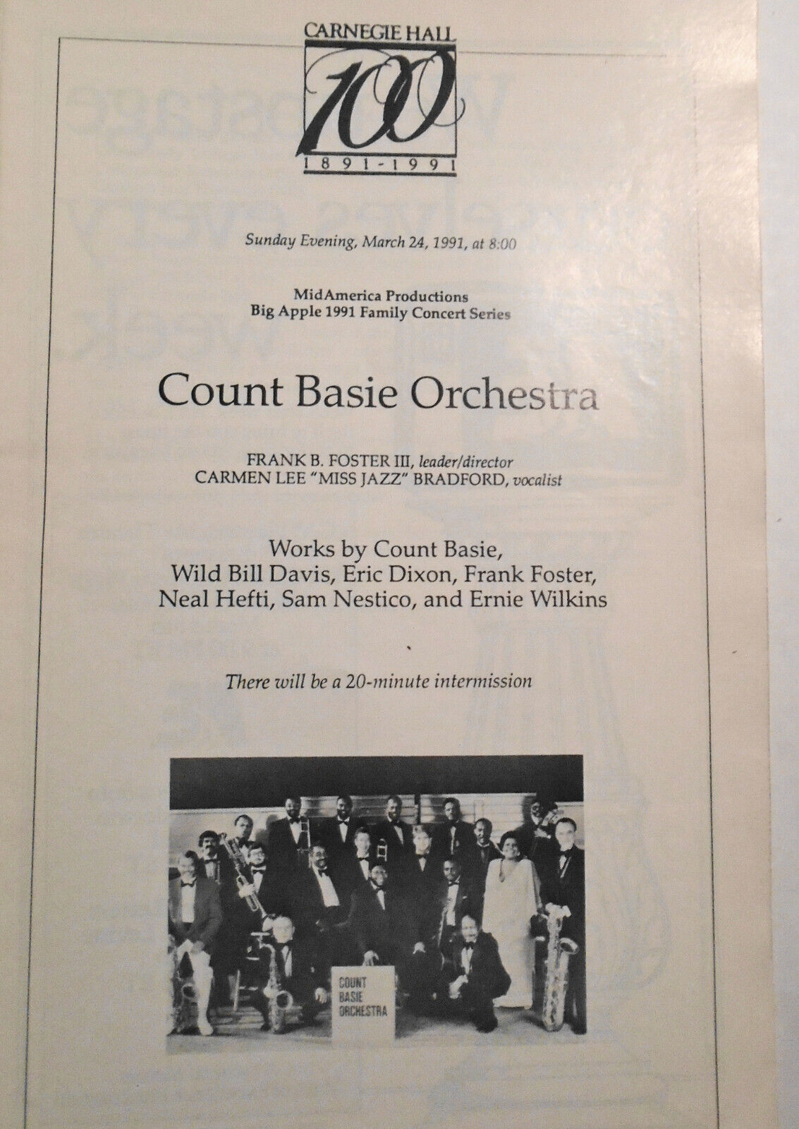 Count Basie Orchestra - Carnegie Hall Stagebill - March 24, 1991