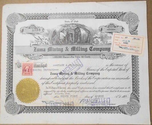 Zuma Mining & Milling Company - Stock Certificate, August 31, 1951