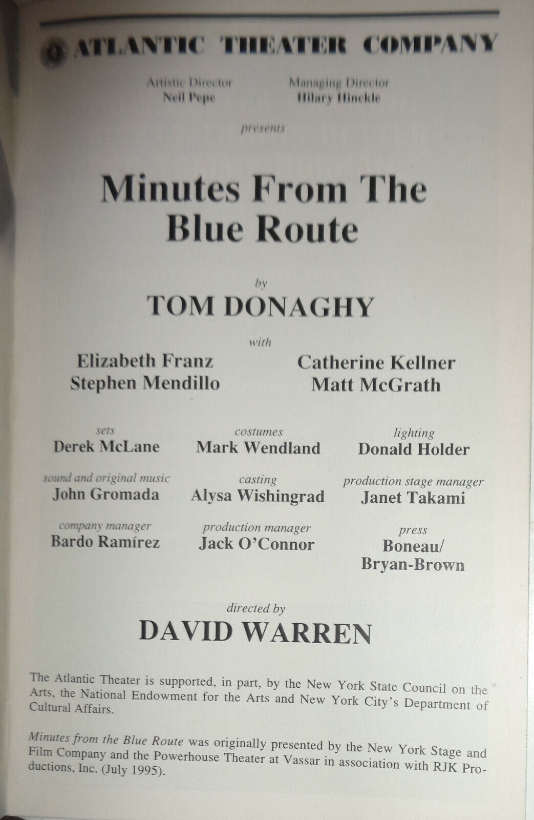 MINUTES FROM THE BLUE ROUTE - PLAYBILL - FEB 1997, ATLANTIC THEATER COMPANY