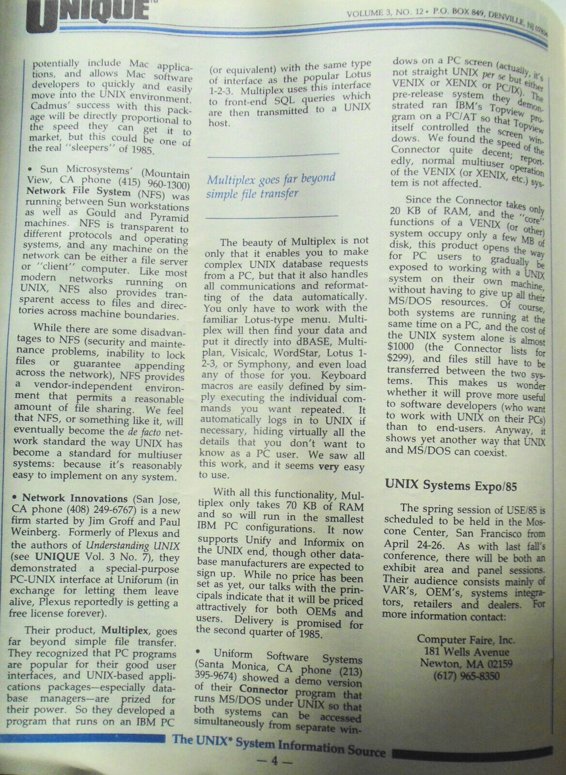 UNIQUE,  Vol. 3, No.  12, 1985 - The UNIX System Information Source